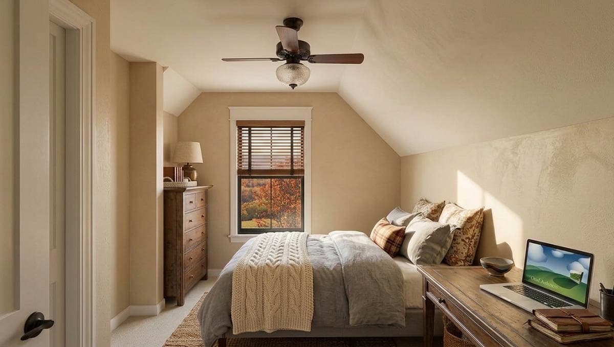 Bedroom with bed, dresser, desk, and window with fall foliage view. Sloped ceiling and ceiling fan visible.
