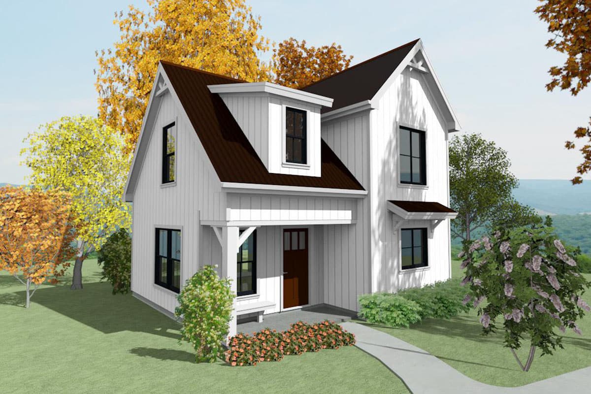 Modern Farmhouse house plan exterior with white board and batten siding, metal gable roof, and dormer.
