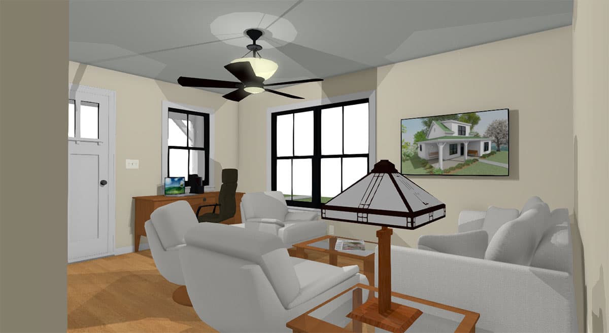 Living room rendering with sofa, chairs, desk, and a framed picture of a house exterior.