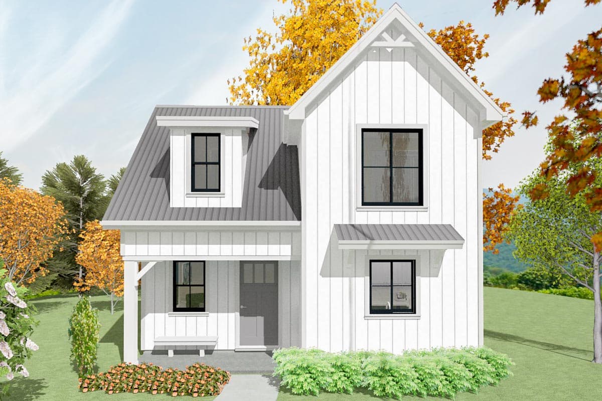 House plan exterior rendering. Two-story farmhouse with gabled roof, dormers, and front porch with bench. Features board and batten siding.