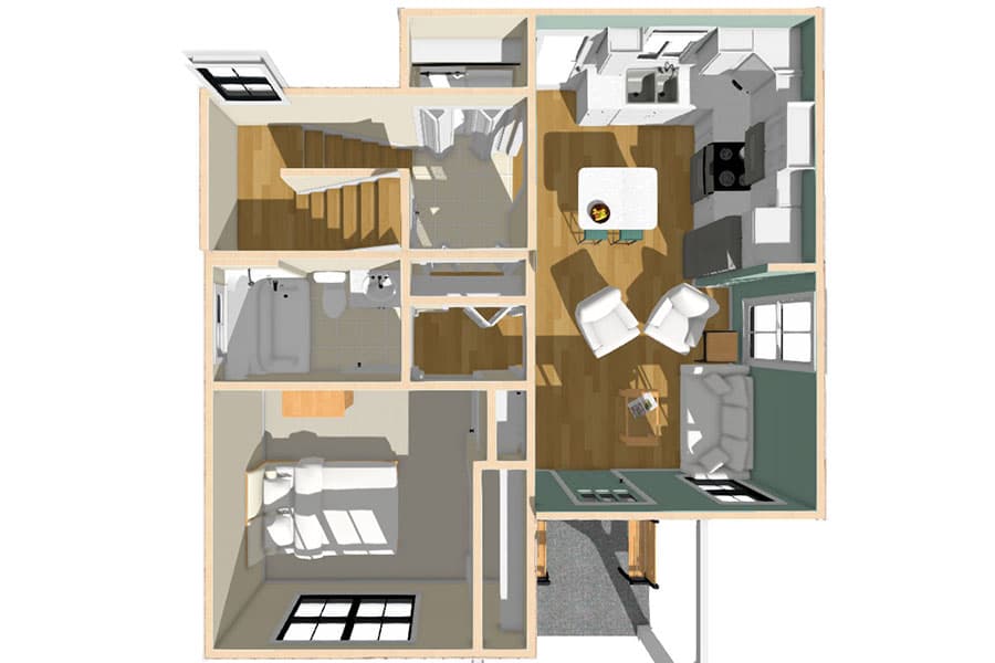 Plan 430803SNG: Exclusive ADU Home Plan with Multi-Use Loft - Floor Plan - 3D First Floor - Cottage, Country, Vacation