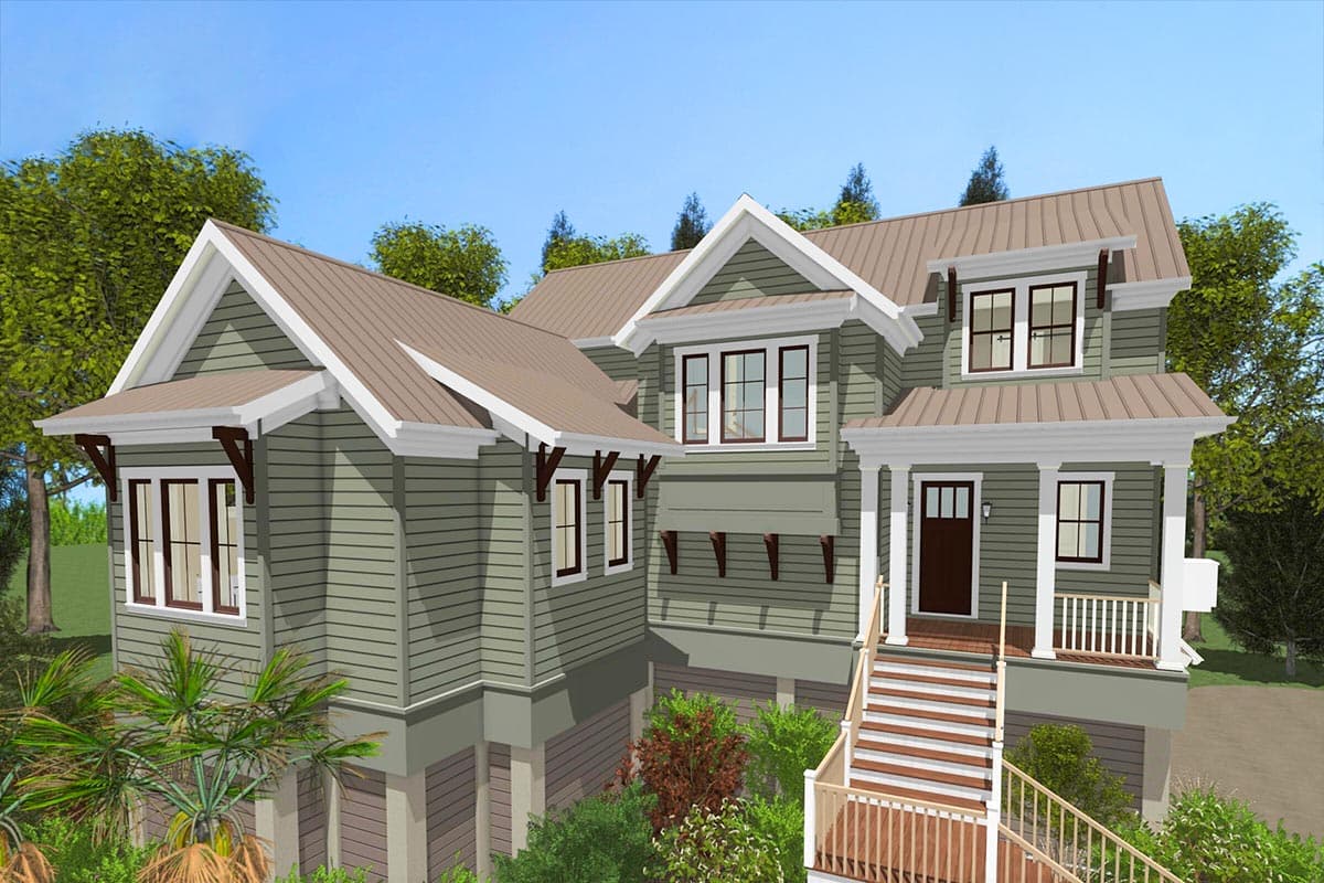 House plan exterior. Two-story Craftsman home with gabled roof, prominent brackets, and porch with stairs leading to front door.