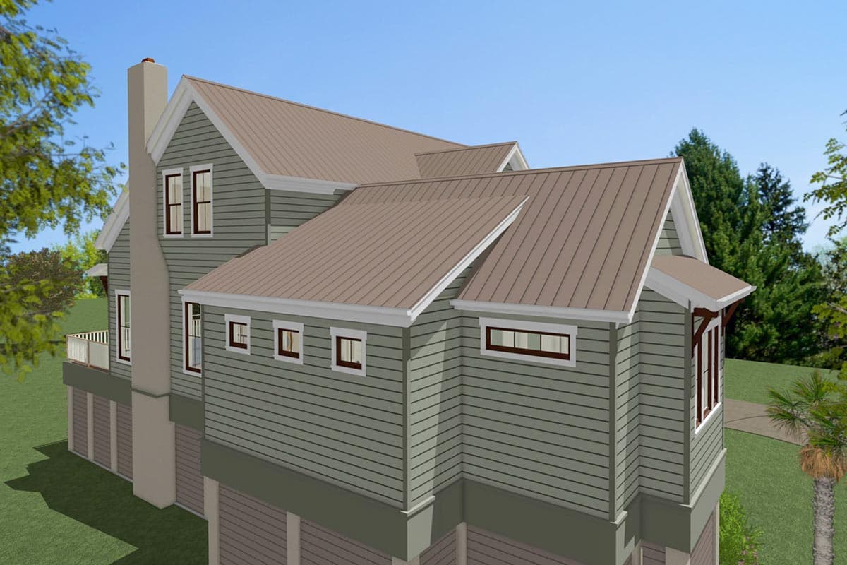 House plan exterior showing a two-story home with a prominent chimney, metal roof, and multi-pane windows.