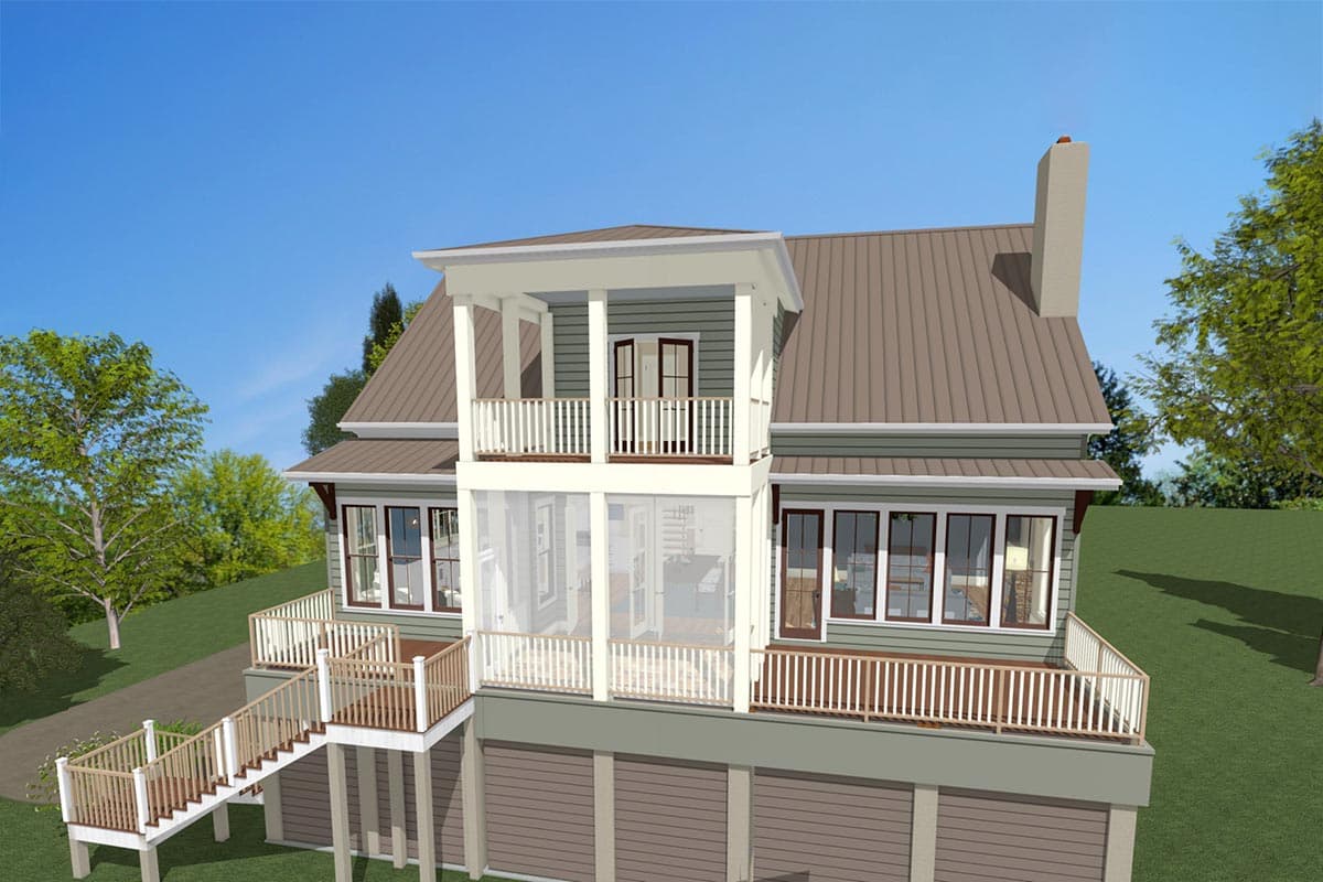 House plan exterior: Two-story residence with a metal roof, screened porch, upper balcony, and external staircase to a lower level.