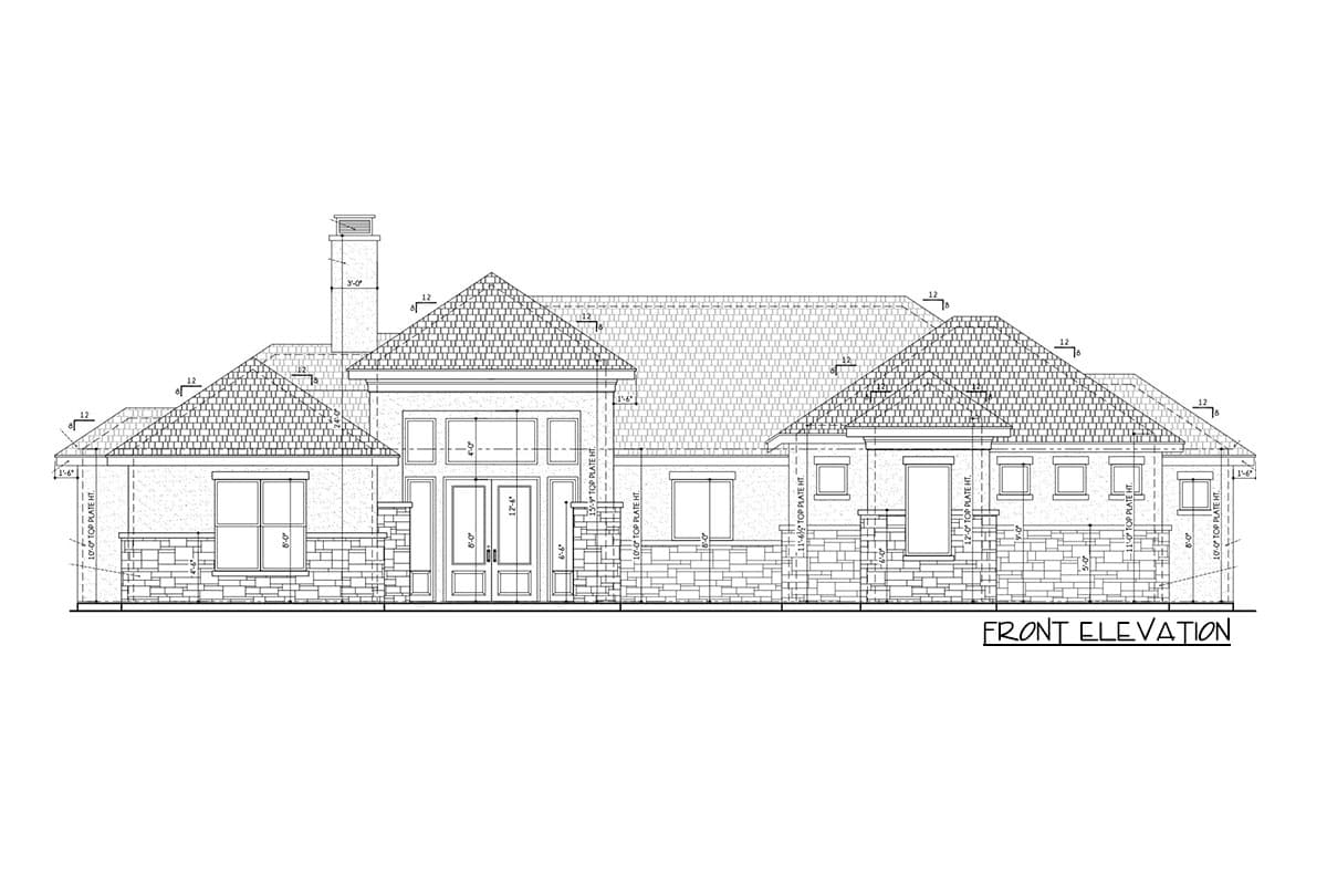 Front elevation drawing of a single-story house with multiple gables, a central double door entrance, and stone veneer accents.