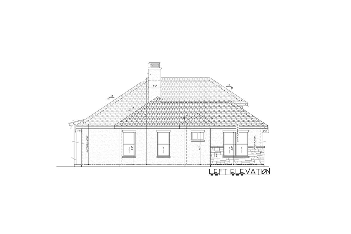 Left elevation drawing of a house plan featuring a hip roof, chimney, and stone accents.