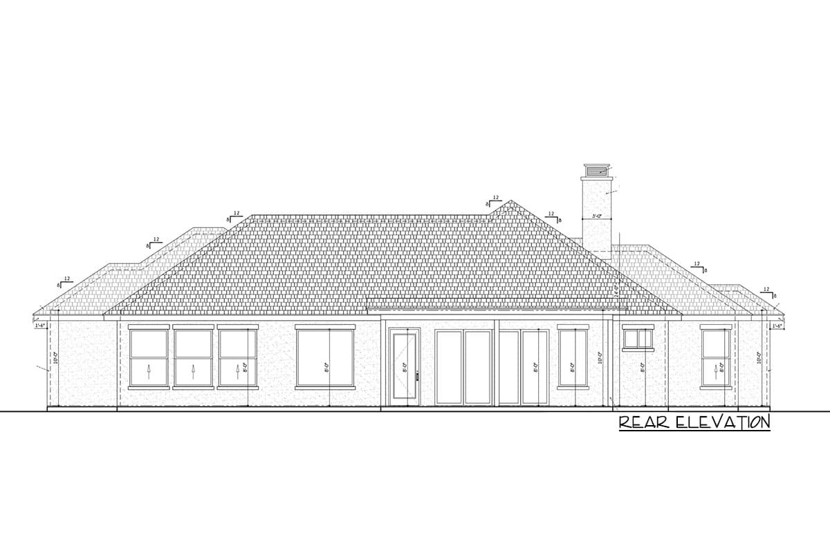 Rear elevation drawing showing a hip roofline, multiple windows, glass doors, and a chimney.