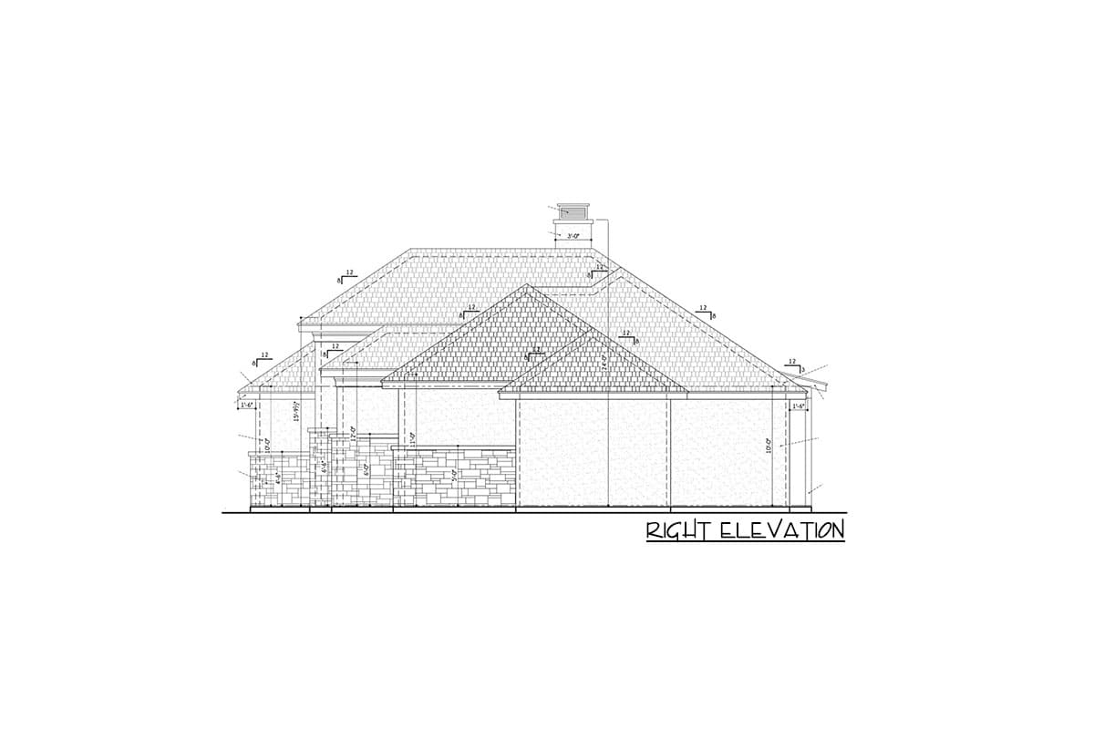 Right elevation house plan with stone facade, multiple gables, and prominent chimney.