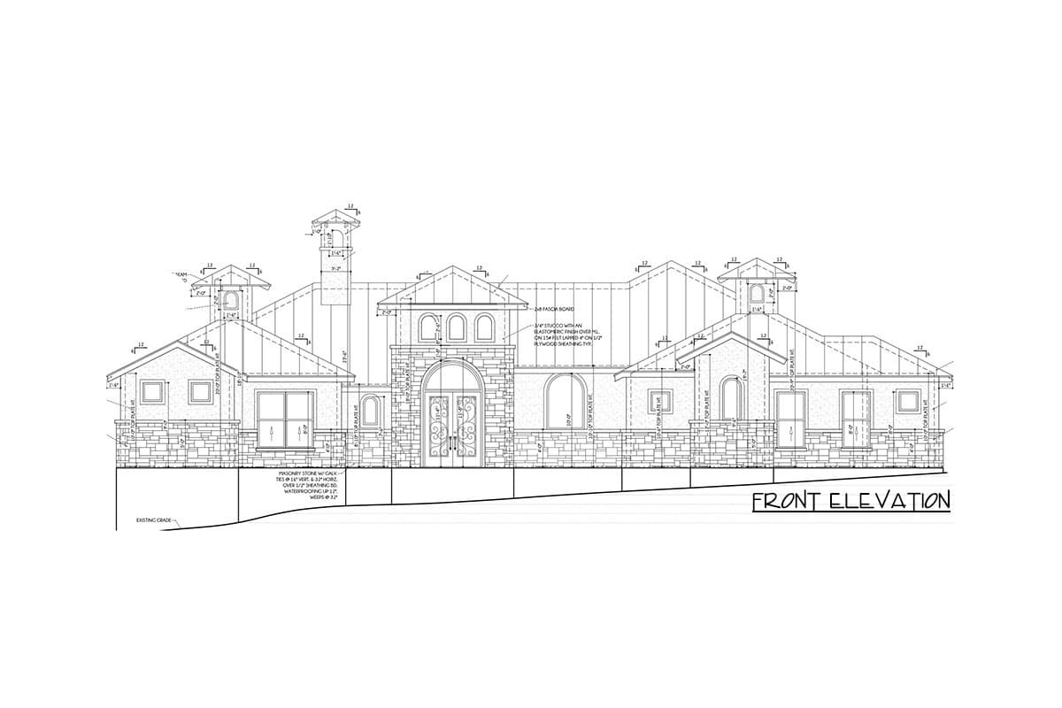 Front elevation house plan drawing showing a multi-story house with stone facade, arched entryway, and multiple gables.