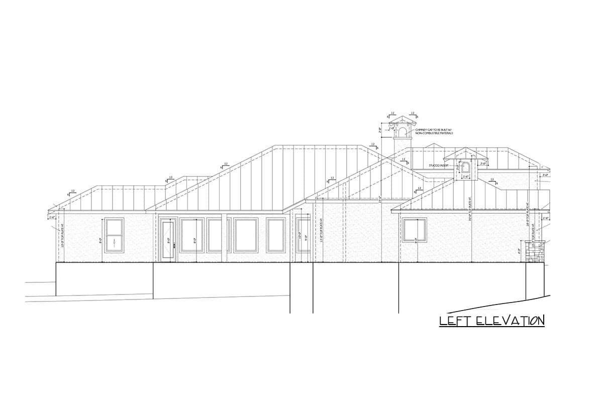 Left elevation house plan drawing showing a multi-gabled roofline, brick walls, various windows, and a chimney.