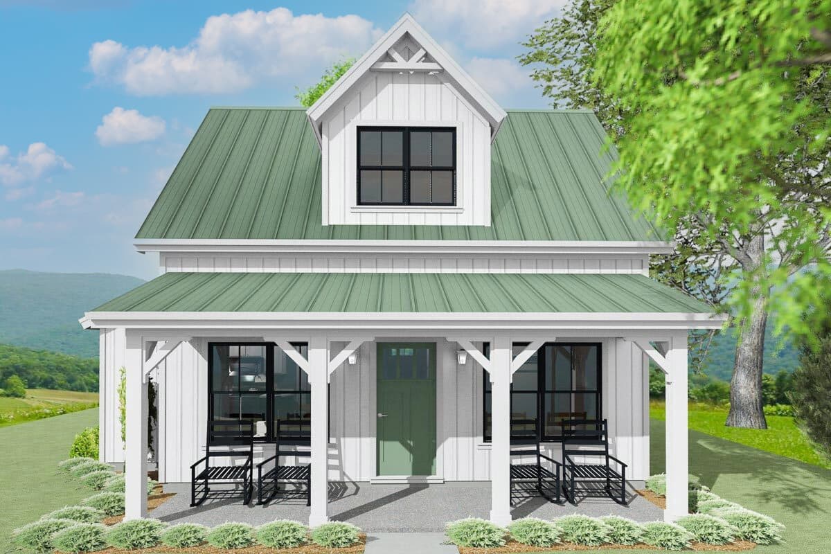 House plan exterior featuring a two-story farmhouse design with a front porch, dormer, and metal roof.
