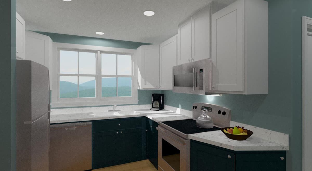 Kitchen with white cabinetry, stainless steel appliances, granite countertops, and a window overlooking mountains.