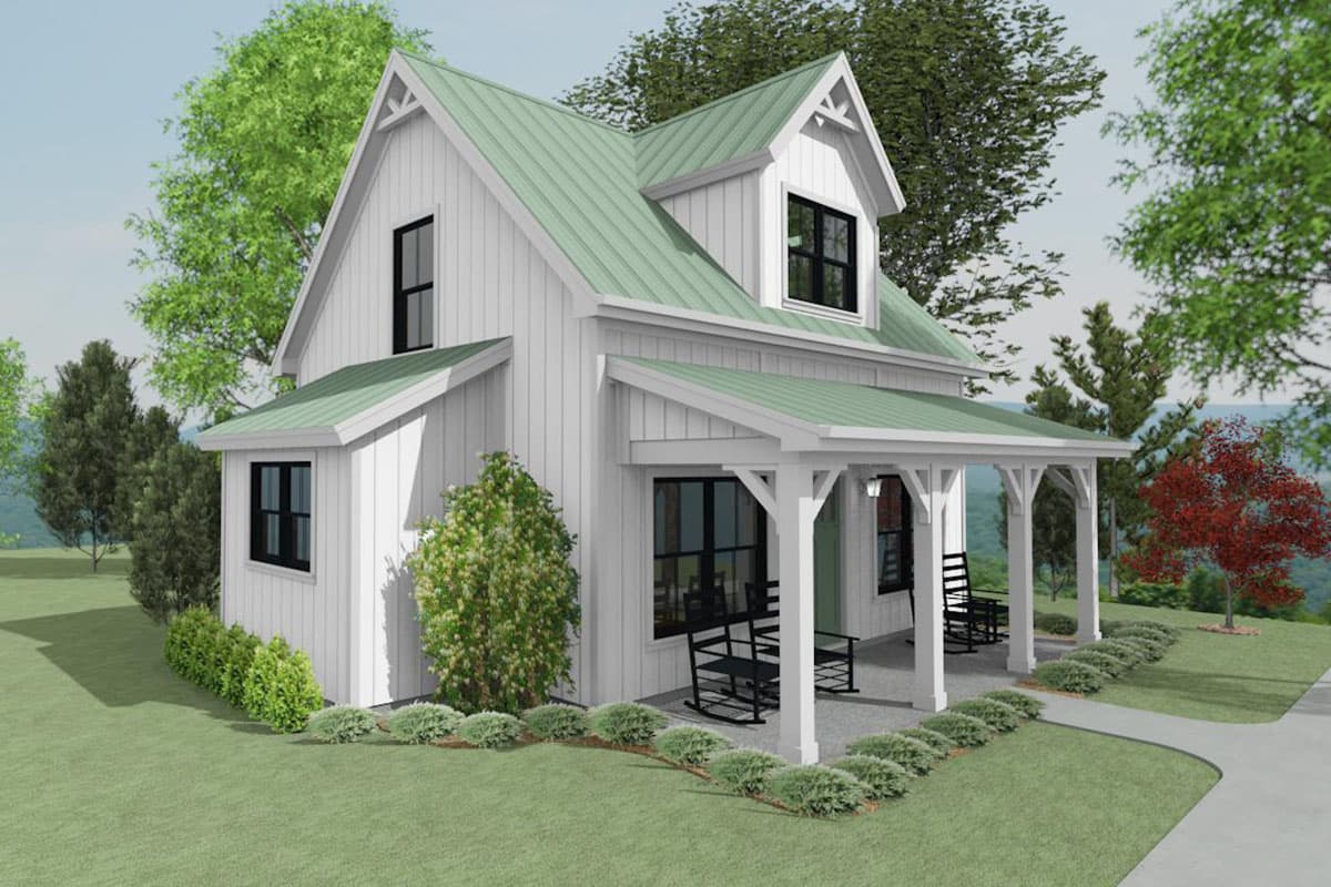 Modern Farmhouse house plan exterior with gabled dormers, standing seam roof, and covered front porch.