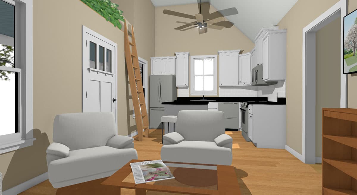 Interior rendering of an open living space and kitchen with vaulted ceiling, fan, white cabinets, and seating.