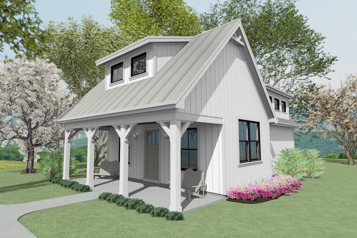 House plan exterior: Modern Farmhouse style, two stories, white board and batten siding, metal roof, front porch with visible supports.