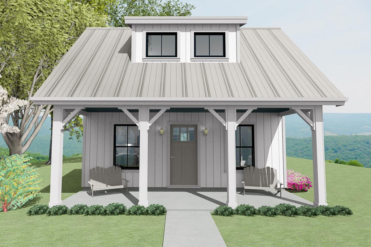 House plan exterior. Modern Farmhouse style with a single story, metal roof, front porch, and dormer windows.