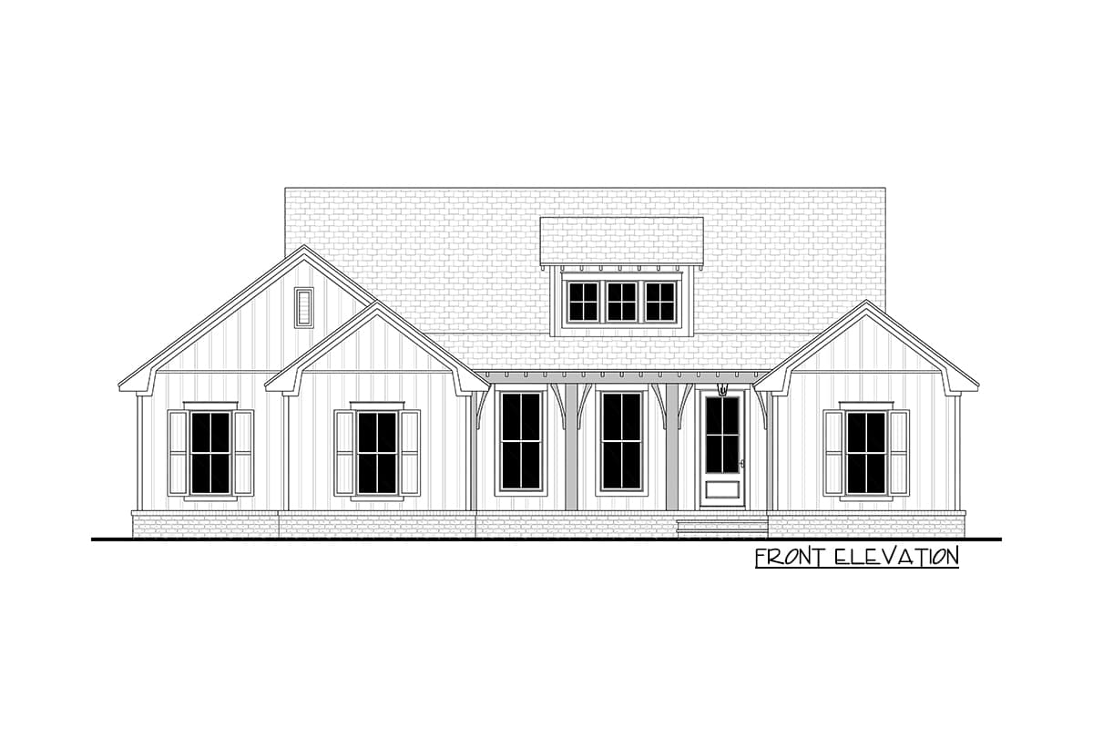 Front elevation drawing of a one-story house plan with a covered porch, multiple gables, and a dormer.