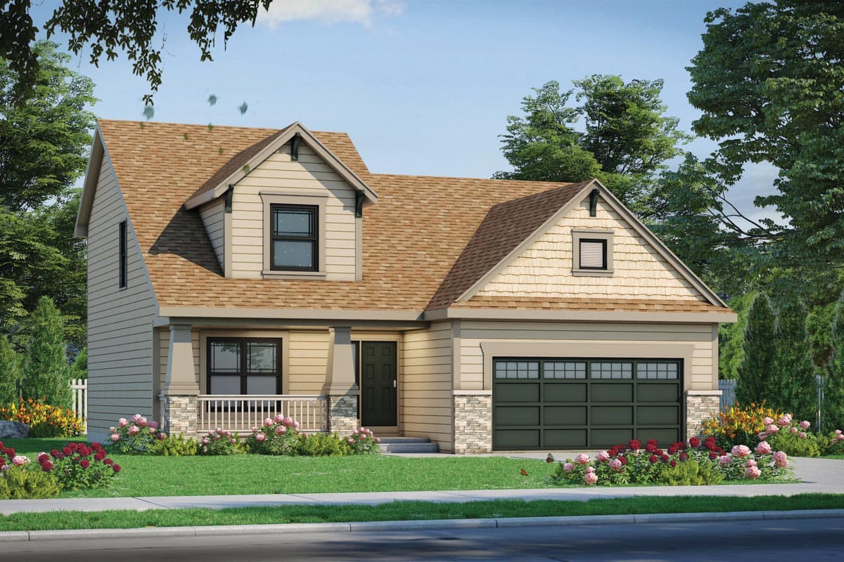 House plan exterior. Craftsman style, two stories. Features include a front porch, gabled rooflines, and a two-car garage.