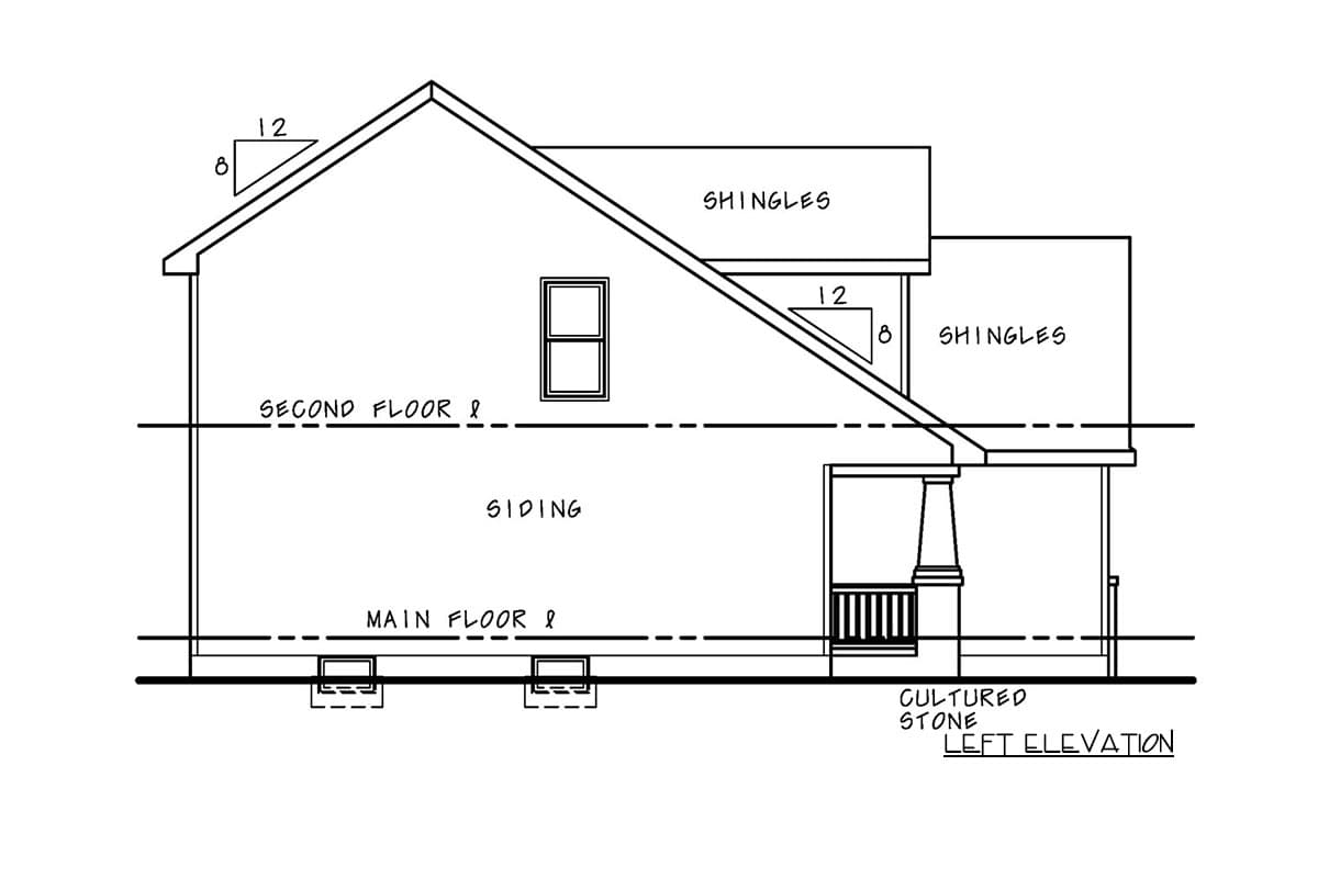 Floor plan drawing showing left elevation. Features siding, shingles, cultured stone base, and porch.