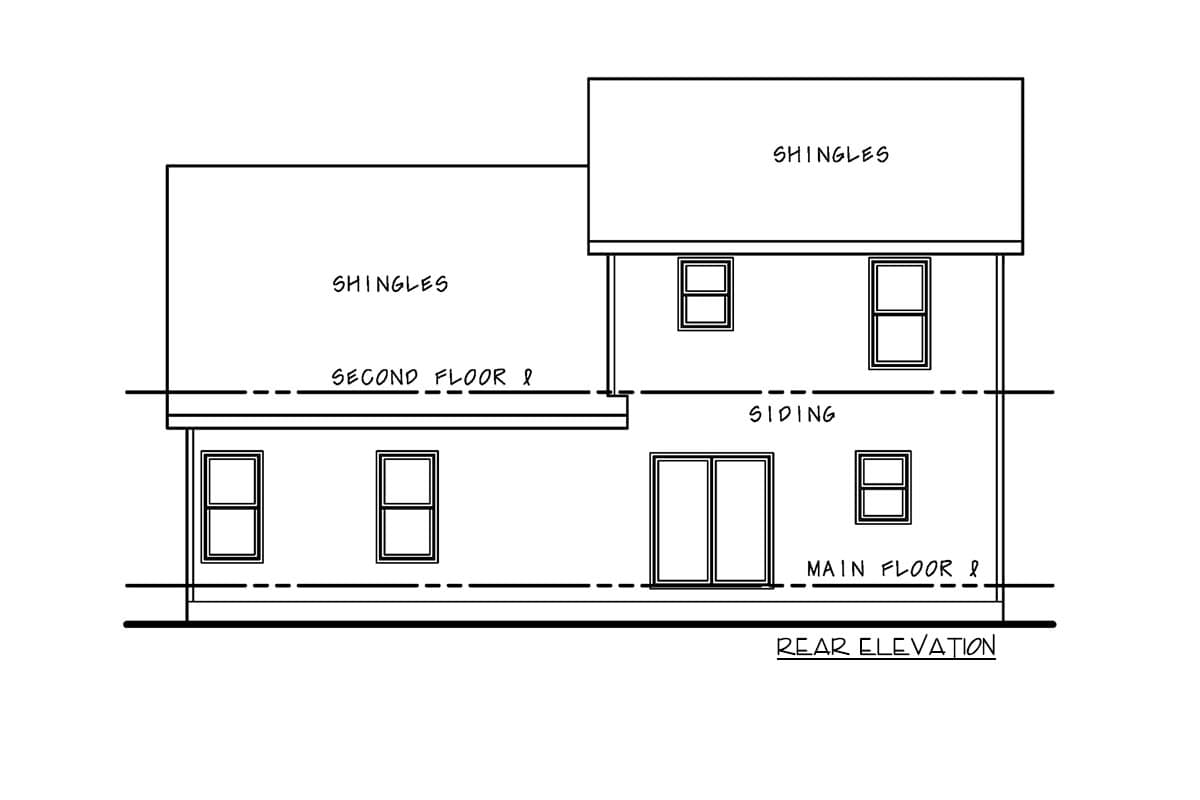 Rear elevation drawing of a two-story house plan with shingled upper story and siding lower story, featuring multiple windows and sliding doors.