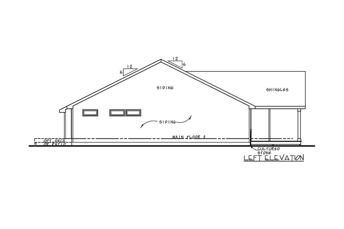 Left elevation drawing of a house plan featuring siding, shingles, a covered porch with cultured stone, and an optional deck or patio.