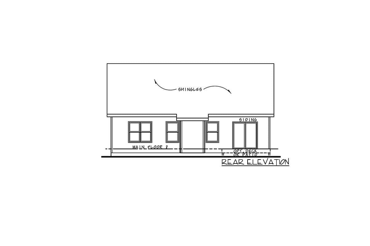 Rear elevation drawing showing main floor with four windows, siding, and optional deck or patio.