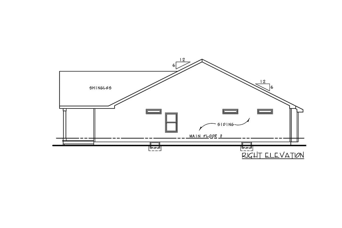 Right elevation drawing of a house plan showing shingles, siding, a porch, and multiple windows.