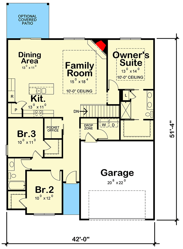 Plan 42638DB: 3-Bedroom Ranch Home Plan with Hip and Valley Roof - 1603 Sq Ft - Floor Plan - Main Level - Prairie, Ranch