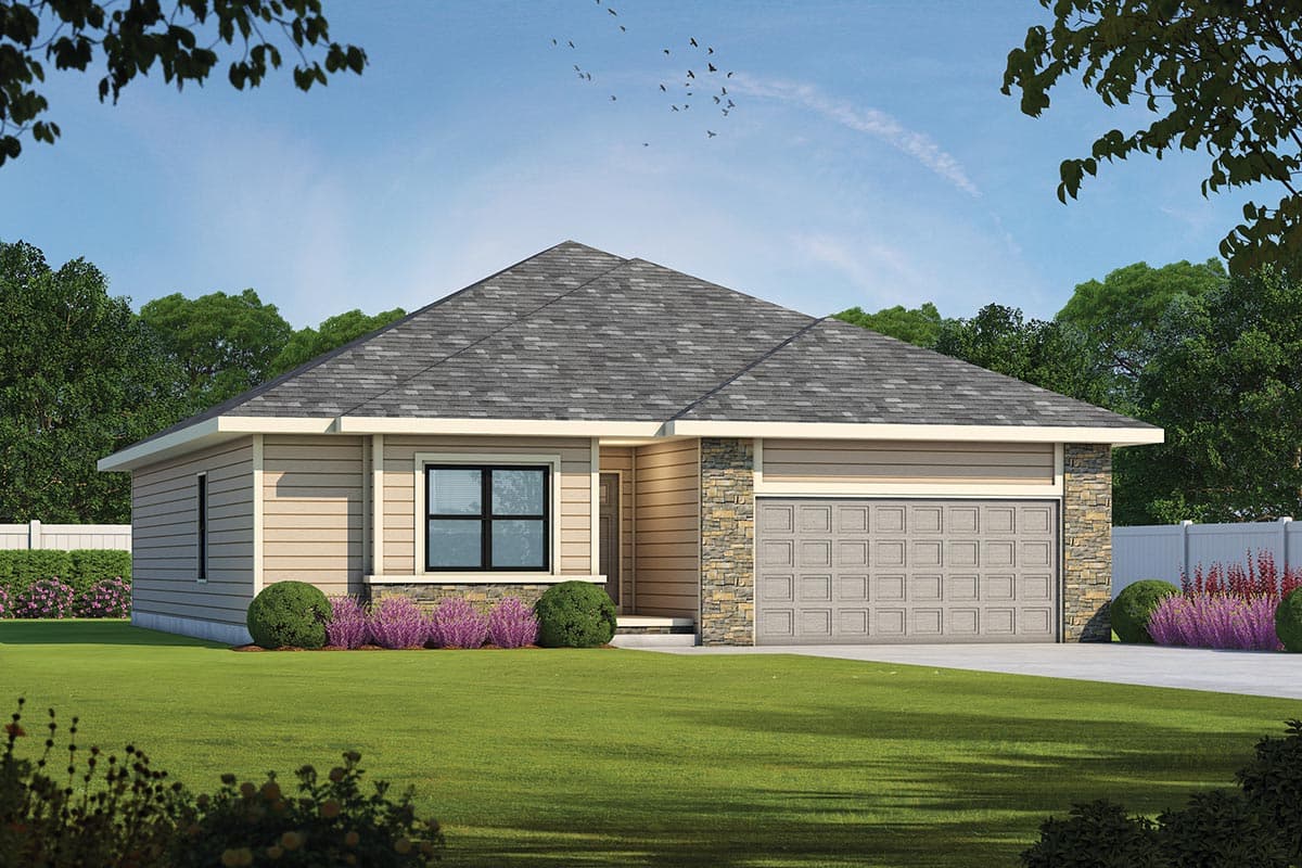 House plan exterior. Single-story with a gable roof. Features include a garage, stone accents, and a front window.