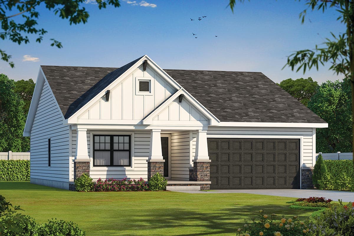 House plan exterior view of a one-story Modern Farmhouse with gables, a covered porch, and a two-car garage.