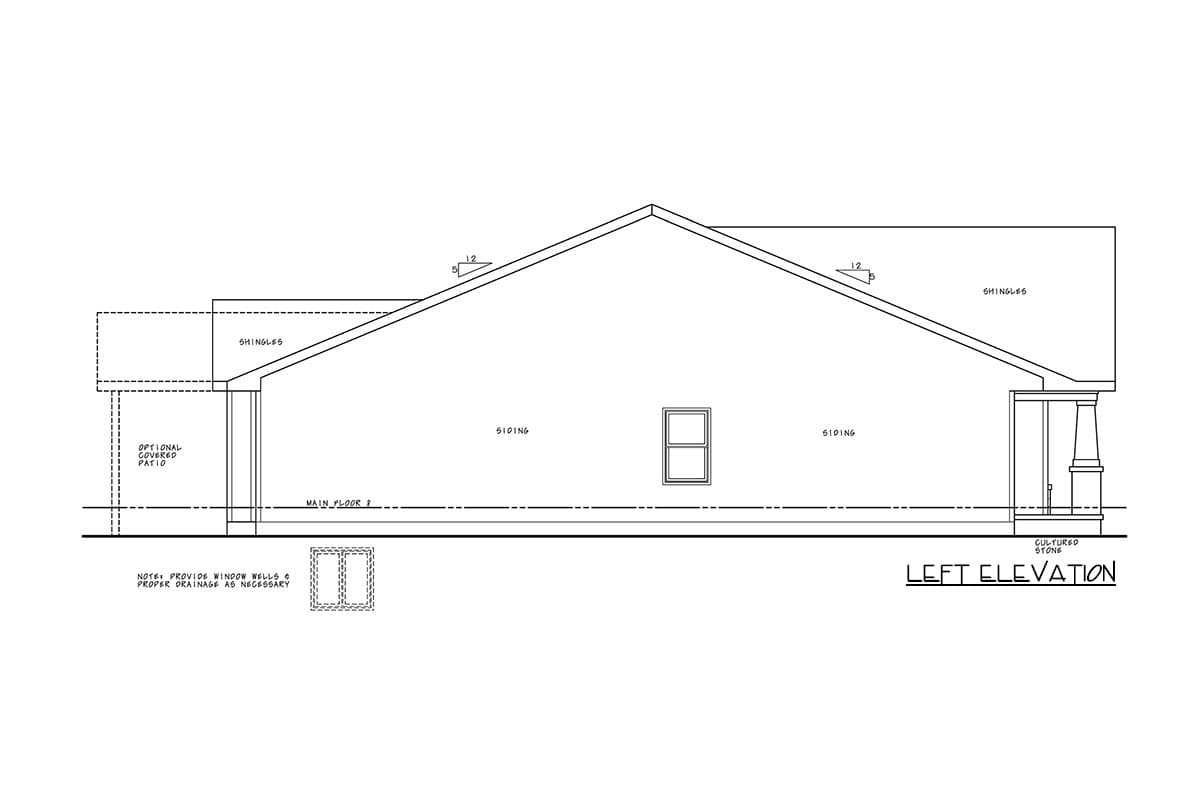 Left elevation drawing of a house plan showing siding, shingles, a single window, and an optional covered patio.