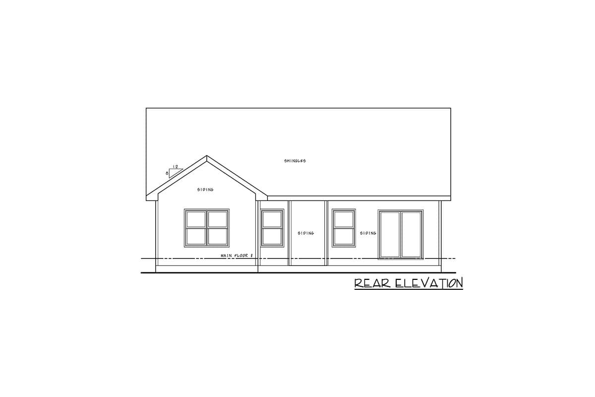 Rear elevation drawing of a one-story house with siding, a gable roof, and three windows and a sliding door.