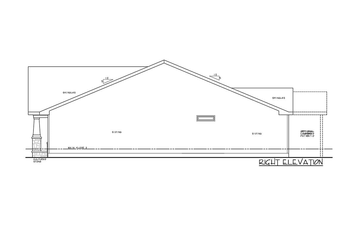 Right elevation house plan showing siding, cultured stone base, a covered porch with columns, and a hip roof.