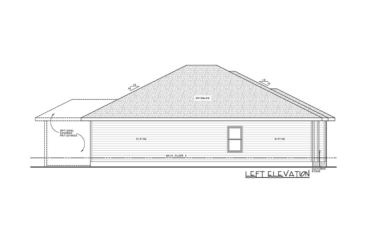 Left elevation house plan showing siding, a single window, hip roof with shingles, and optional covered patio.