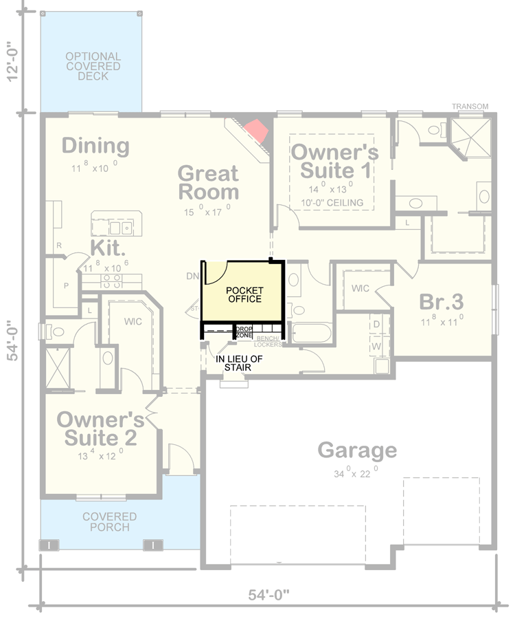 Plan 42640DB: New American House Plan with Two Owner Suites - Floor Plan - Optional Slab Foundation with Pocket Office - Country, Craftsman, New American, Ranch, Traditional