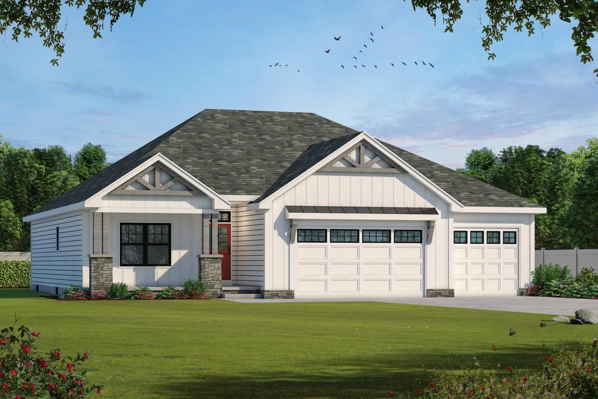 House plan exterior in a Craftsman style. Features include a front porch, gables, and a two-car garage. White siding with stone accents.