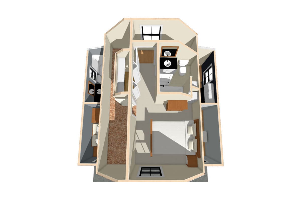 Plan 430806SNG: Tiny Two Bed Cottage with Cozy Front Porch - Floor Plan - 3D Second Floor  - Cabin, Cottage, Country, Vacation