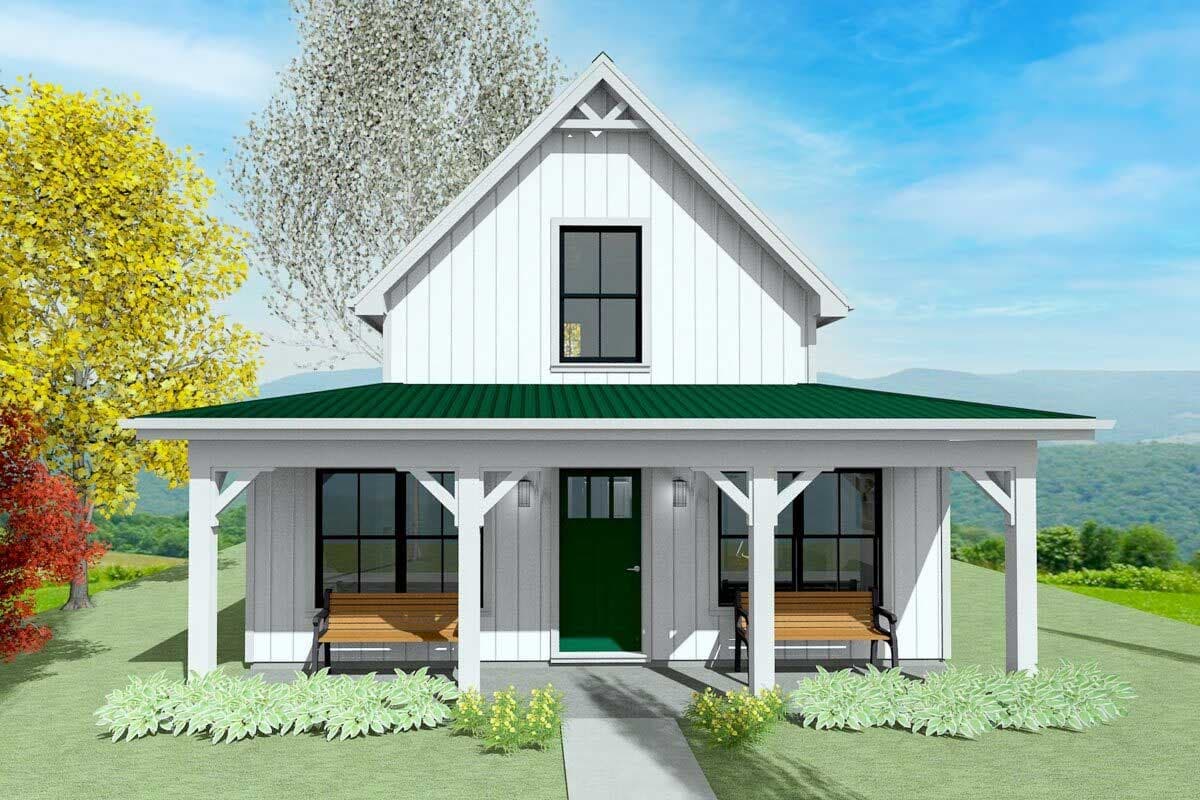 Modern Farmhouse house plan exterior with a gabled front, covered porch, and vertical board siding.