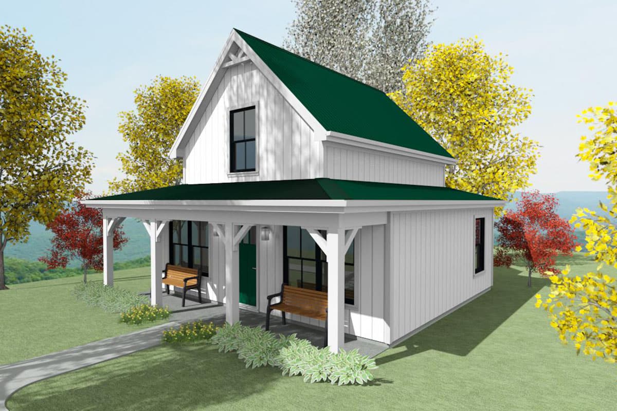 House plan exterior of a two-story Modern Farmhouse with a wrap-around porch, gable roof, and board and batten siding.