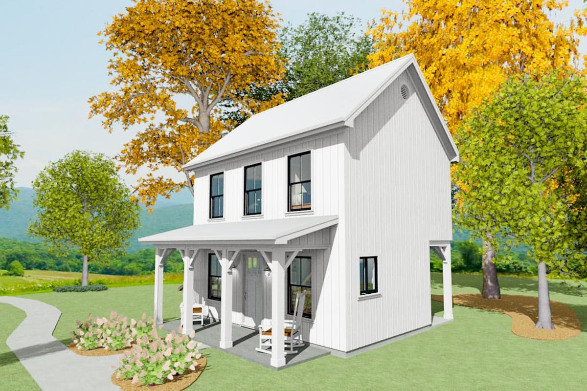 Modern Farmhouse house plan exterior: two stories, gable roof, metal roof, front porch with columns, and vertical siding.