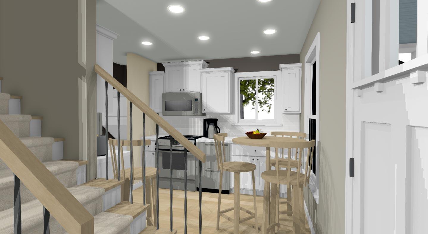Interior view of a kitchen with white cabinets, stainless steel appliances, a breakfast bar with stools, and stairs to the left.