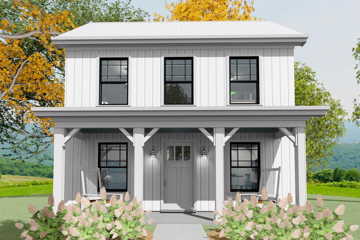 House plan exterior. Two-story farmhouse with a front porch supported by columns. Features include a gable roof and vertical siding.