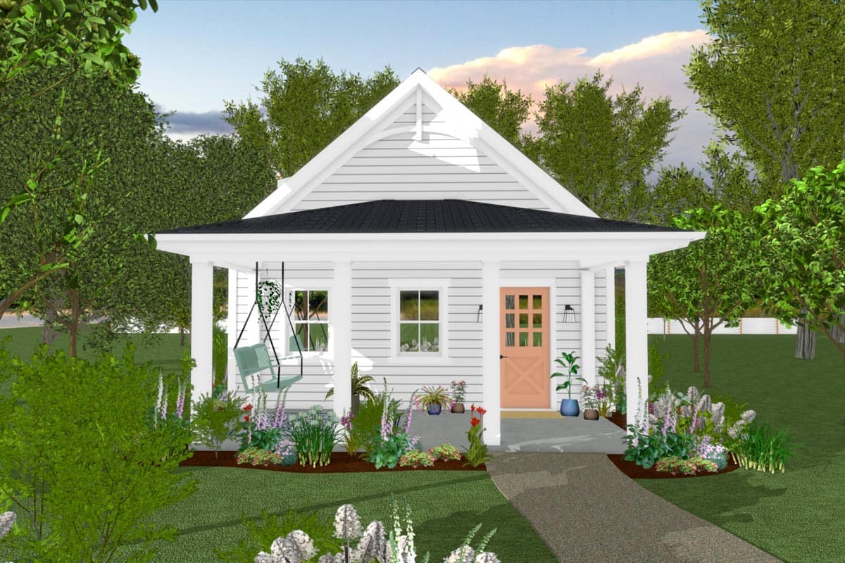 House plan exterior: one-story cottage with gabled roof, front porch with swing, and paneled front door.