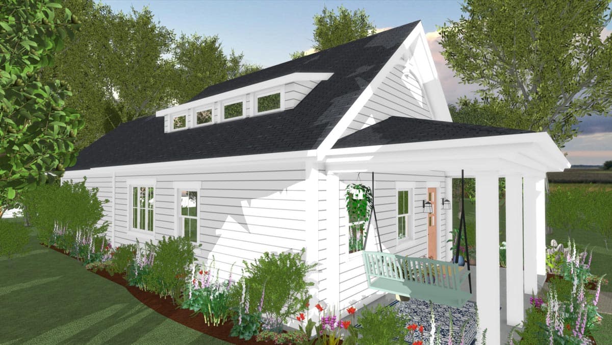 House plan exterior: One-story Modern Farmhouse with gables, dormer windows, and a covered porch with columns.