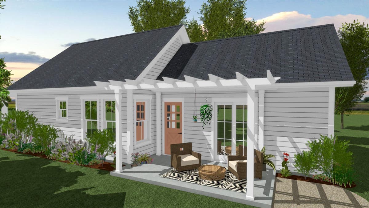 House plan exterior: one-story, white siding, gabled roof, covered patio with pergola and seating.