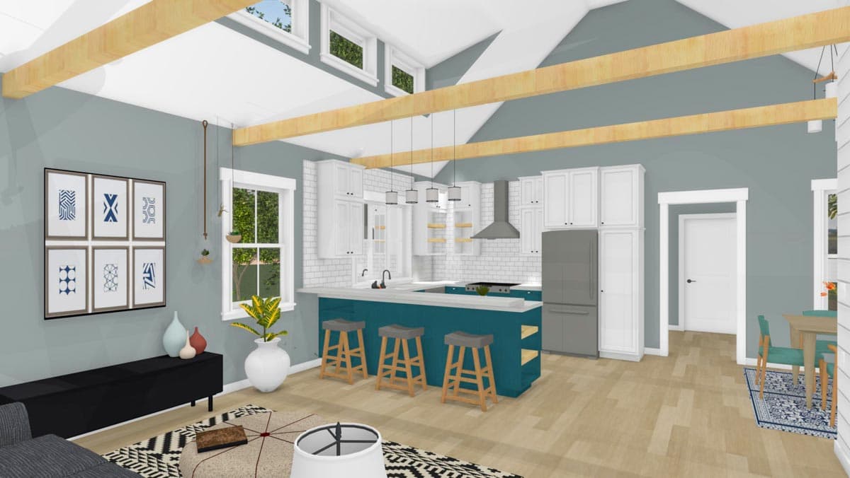 Open concept living area with vaulted ceiling, exposed beams, white cabinets, island, and a wall of windows.