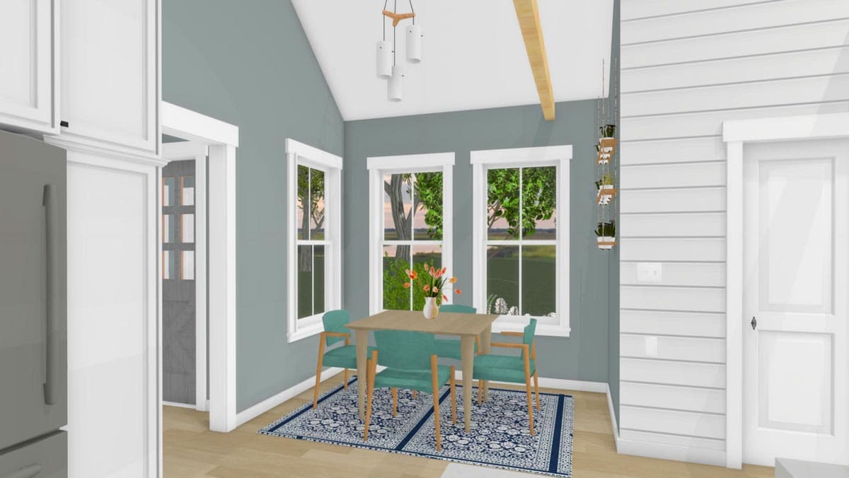 Rendering of a dining area with a vaulted ceiling, wood beam accent, and three windows overlooking a rural landscape.