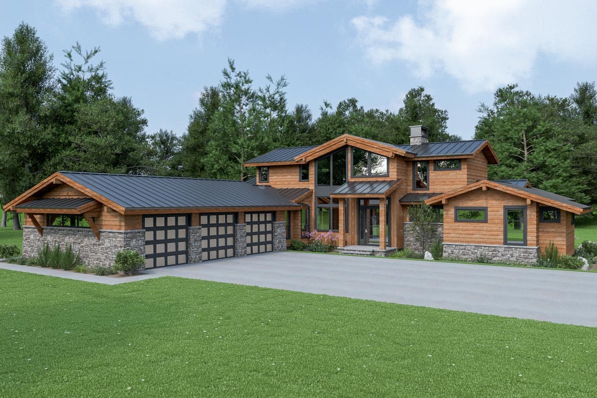 House plan exterior, two-story modern home. Features include a gabled roof, stone facade, and attached garage with a metal roof. Large windows.