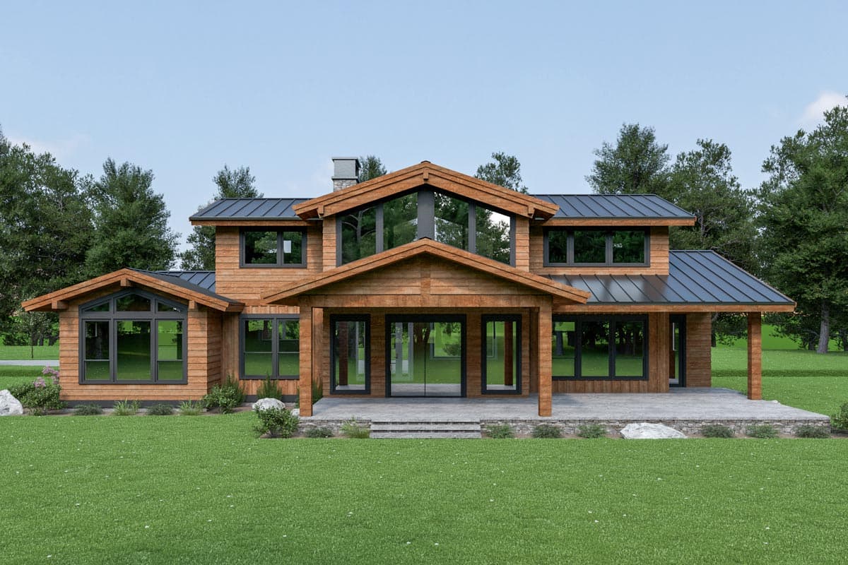 House plan exterior: Modern style, two stories, wood siding, large windows, gabled roofline, and covered porch.