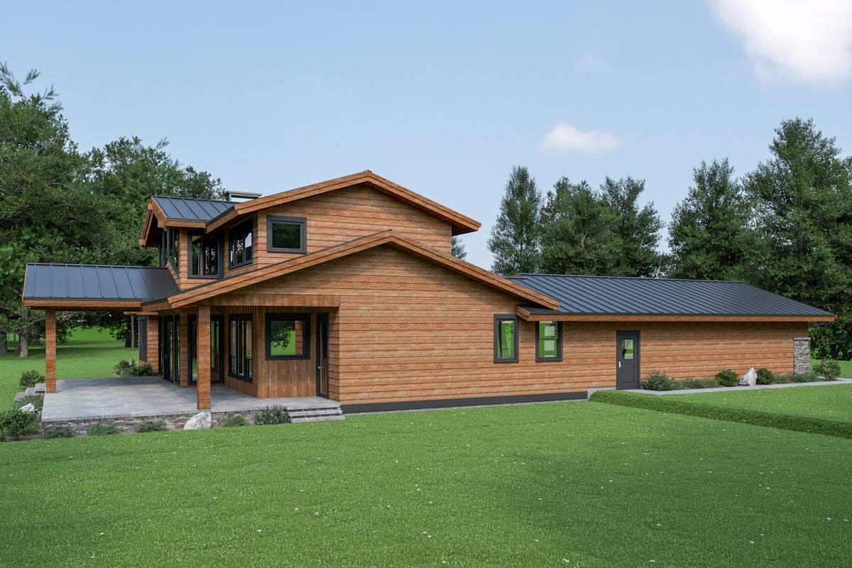 Modern house plan exterior with wood siding, a covered patio, prominent gables, and a metal roof.